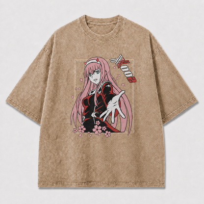 Pink-haired Horned Woman Reaching Forward amid Oversized Graphic Tee