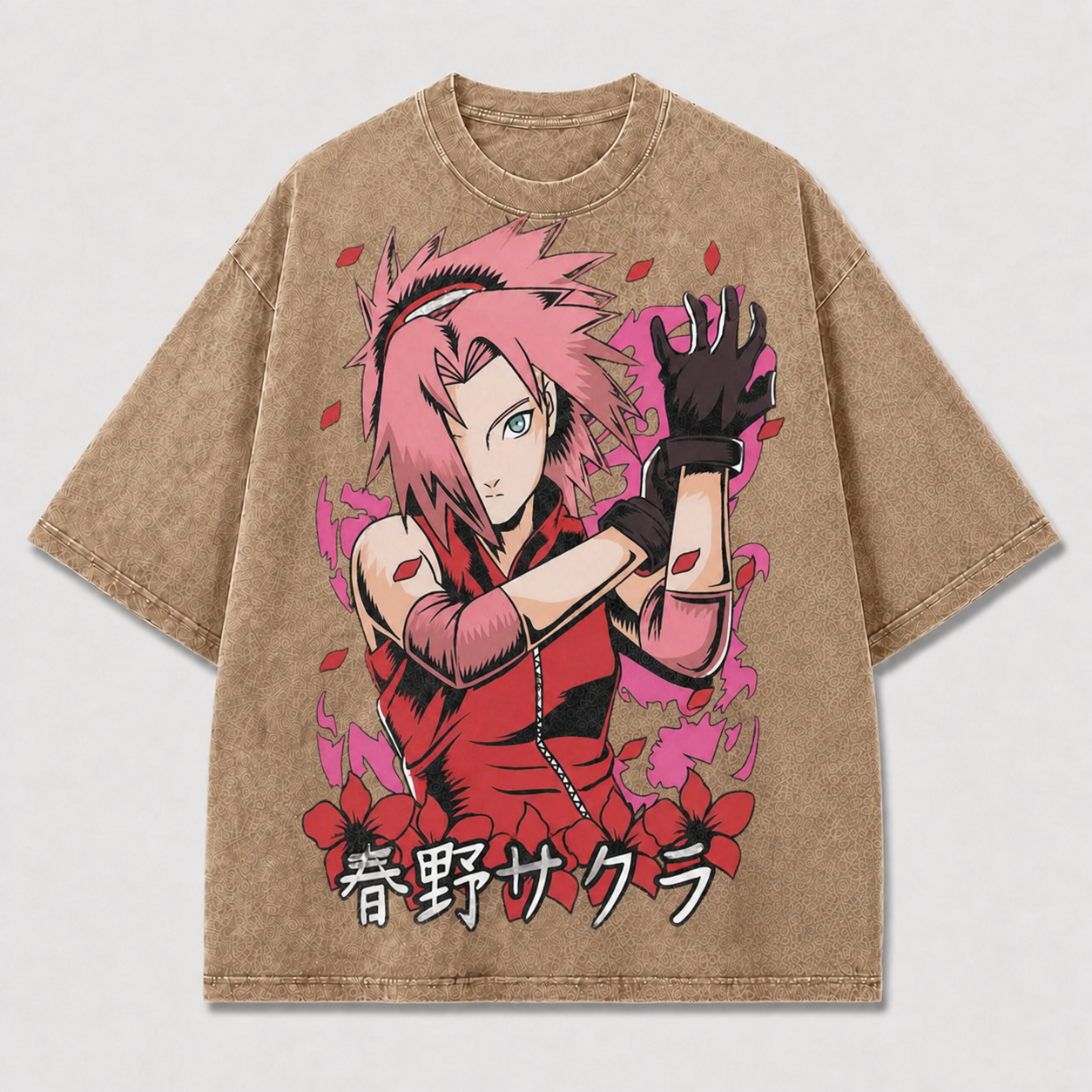 Pink-haired Female Fighter Portrait with Floral Oversized Graphic Tee