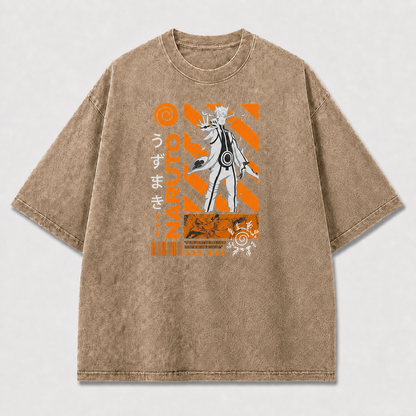 And Mystical Ninja Figure with Geometric Stripes Oversized Graphic Tee