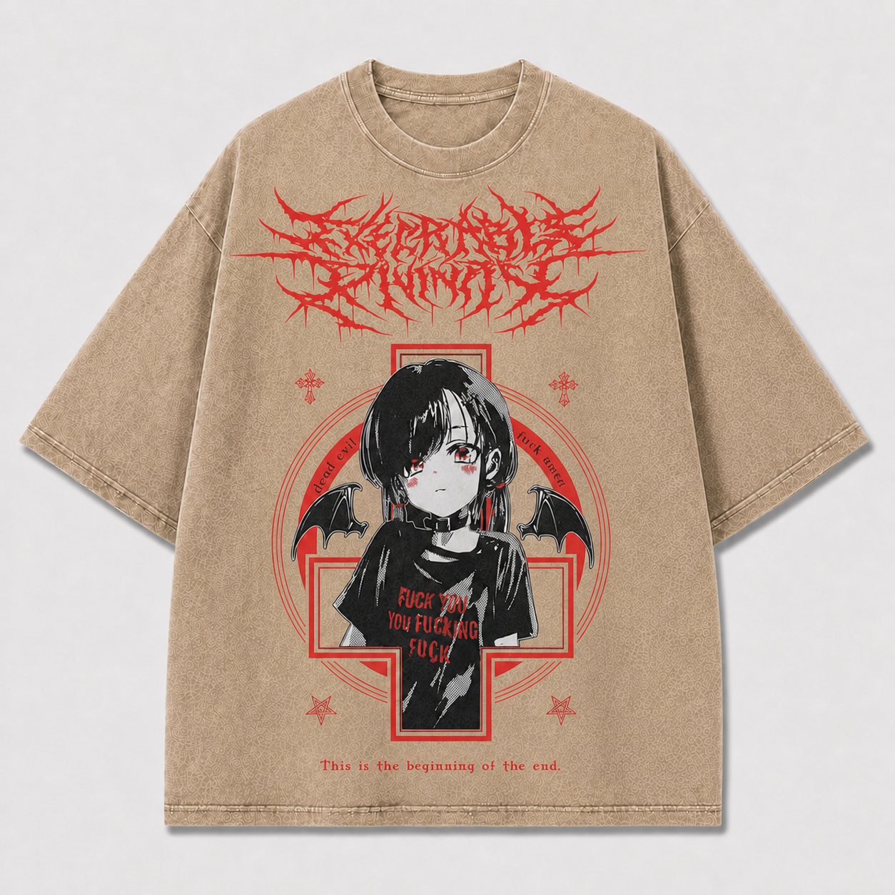 Gothic and Portrait of a Winged Dark-haired Oversized Graphic Tee