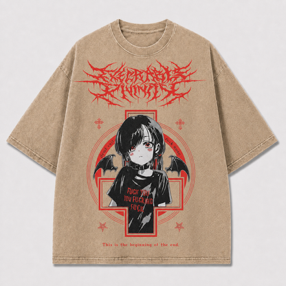 Gothic and Portrait of a Winged Dark-haired Oversized Graphic Tee