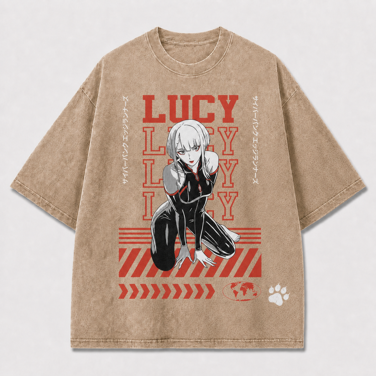 And Crouching Cybernetic Woman with Repeating Oversized Graphic Tee