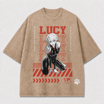 And Crouching Cybernetic Woman with Repeating Oversized Graphic Tee