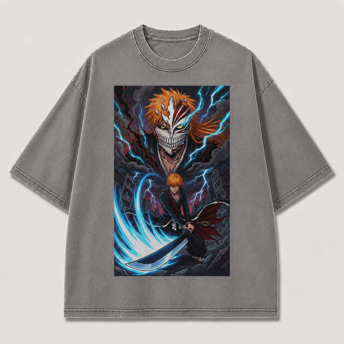 Oversized Streetwear Graphic Tee – Half Mask Cyan Blade Print