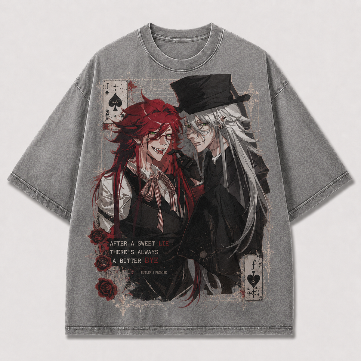 Oversized Dual Portrait Card Graphic Tee – Gothic Quote Print Top