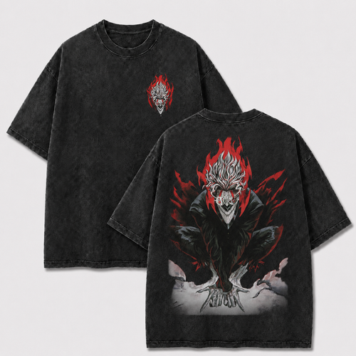Oversized Streetwear Graphic Tee – Crouching Flame Demon Print