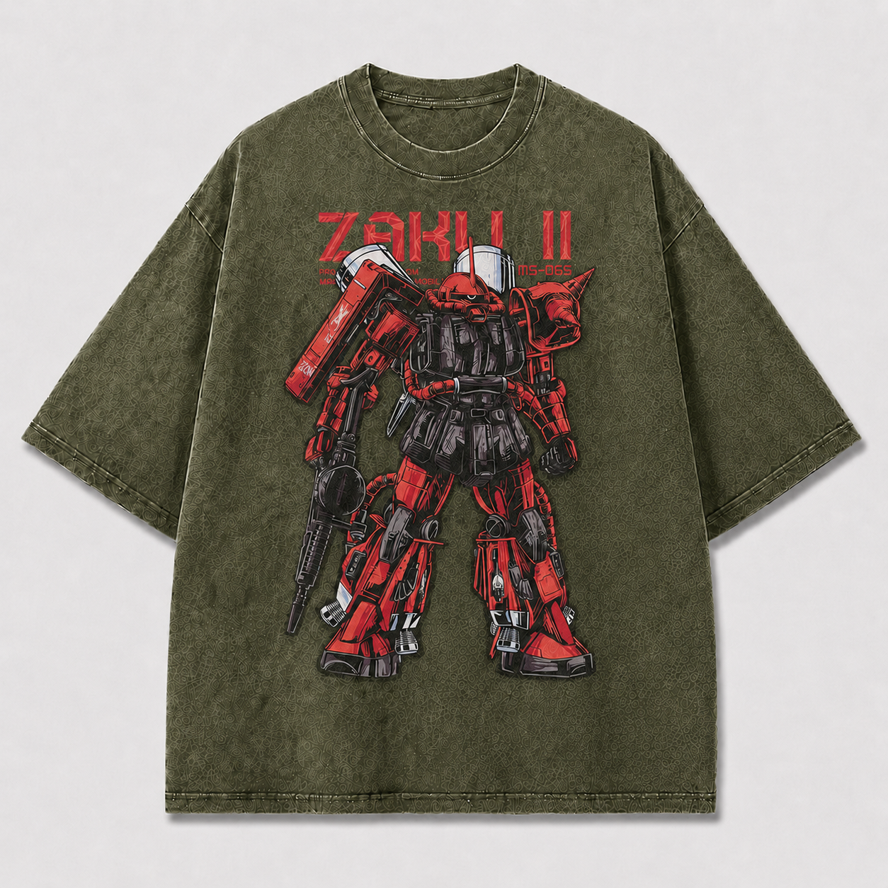 Oversized Crimson Mecha Standing Graphic Tee – Technical Print Top