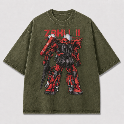 Oversized Crimson Mecha Standing Graphic Tee – Technical Print Top