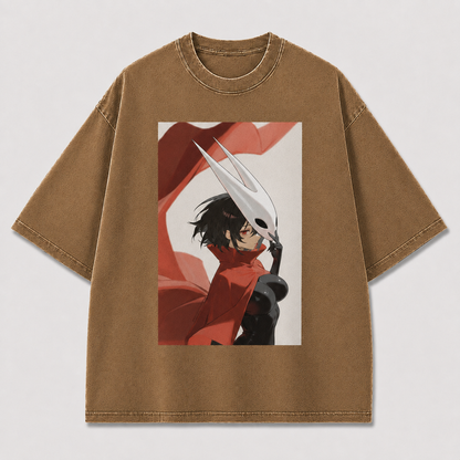 Horned Mask Girl Portrait Graphic Print Oversized Tee