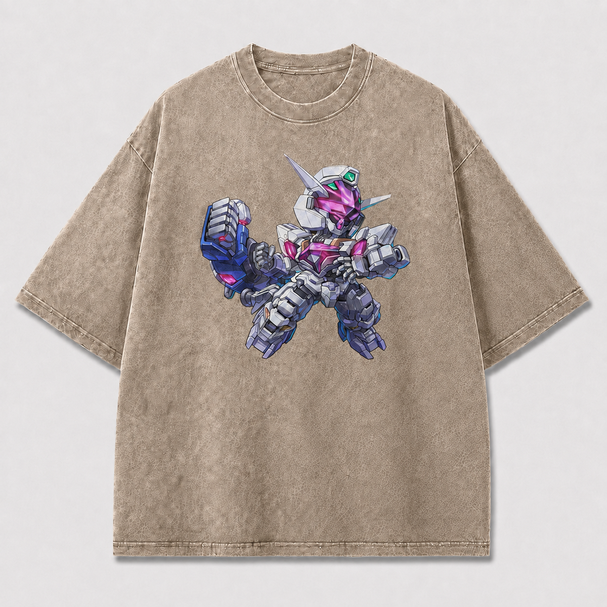 Oversized Chibi Mecha Graphic Tee – Crystal Detail Print Top