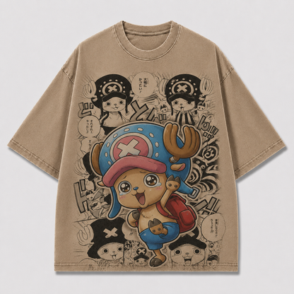 Oversized Streetwear Graphic Tee – Manga Panel Mascot Sticker Print
