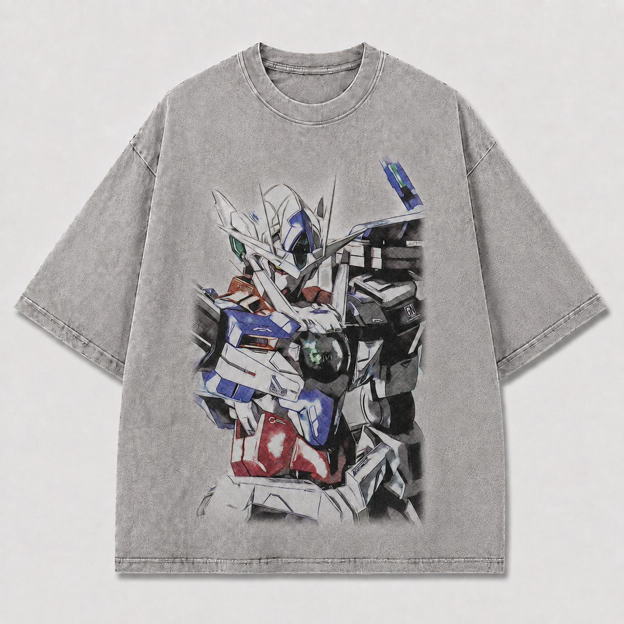 Oversized Grunge Sketch Mecha Graphic Tee – Faded Print Top