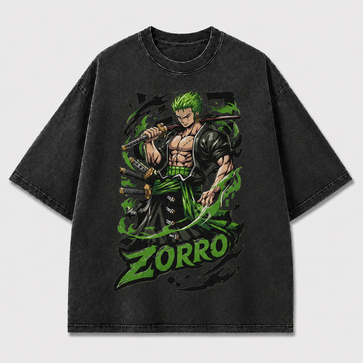 Oversized Graphic Print T-Shirt – Green-Haired Swordsman Streetwear Tee