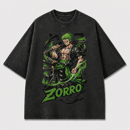 Oversized Graphic Print T-Shirt – Green-Haired Swordsman Streetwear Tee