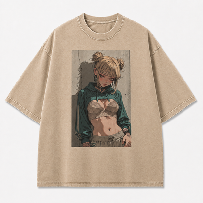 Oversized Manga Grin Graphic Tee – Monochrome Print Top - Waifu