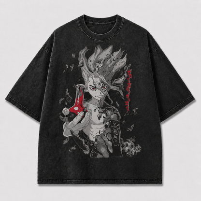 Oversized Stone Warrior Portrait Graphic Tee – Monochrome Print Top