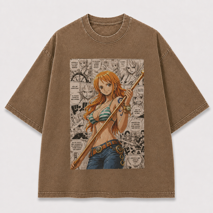 Oversized Graphic Print T-Shirt – Pirate Waifu Manga Streetwear Tee