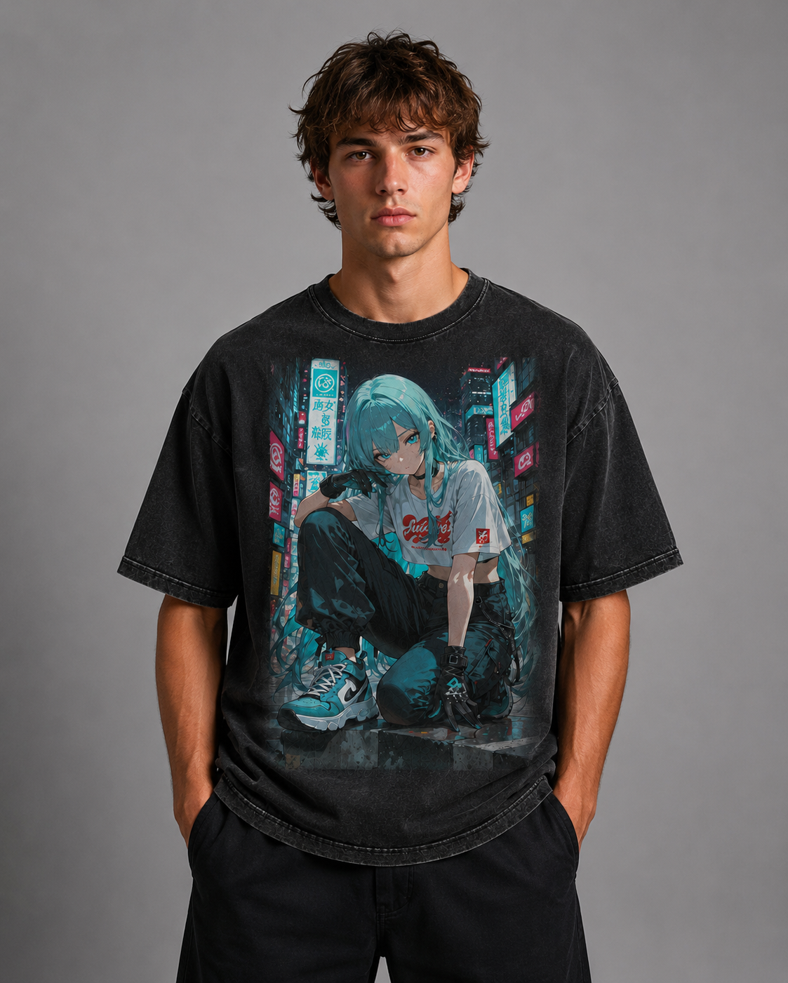 Oversized Graphic Print T-Shirt – Neon City Waifu Streetwear Tee