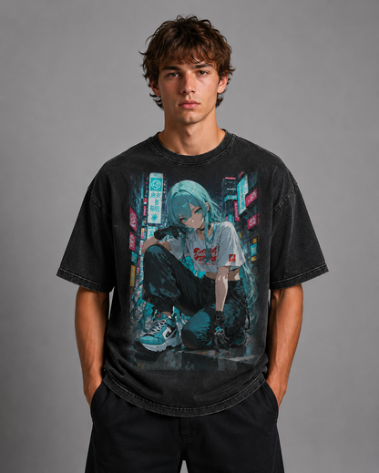 Oversized Graphic Print T-Shirt – Neon City Waifu Streetwear Tee