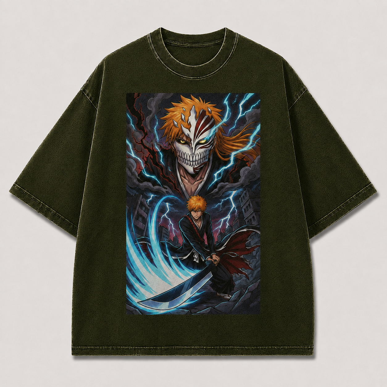 Oversized Streetwear Graphic Tee – Half Mask Cyan Blade Print