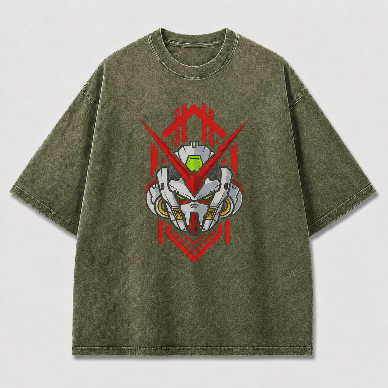 Oversized Emblem Mecha Graphic Tee – Geometric Badge Print Top