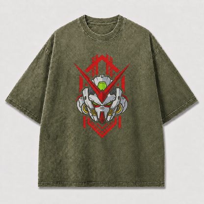 Oversized Emblem Mecha Graphic Tee – Geometric Badge Print Top