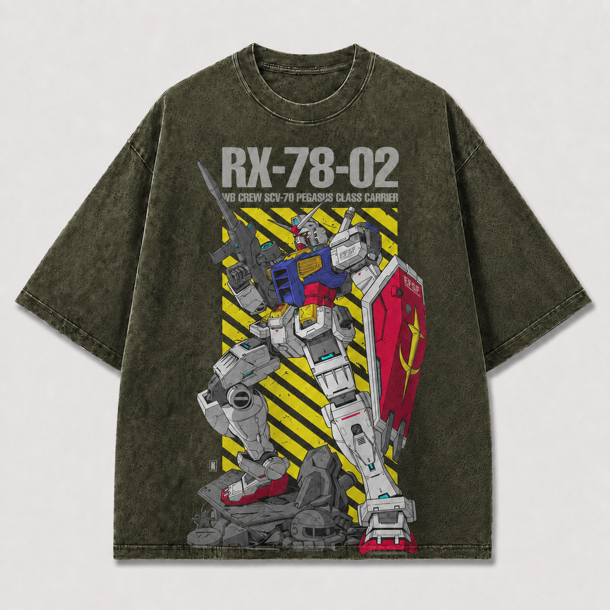 Oversized Armored Mecha Graphic Tee – Warning Stripe Print Top
