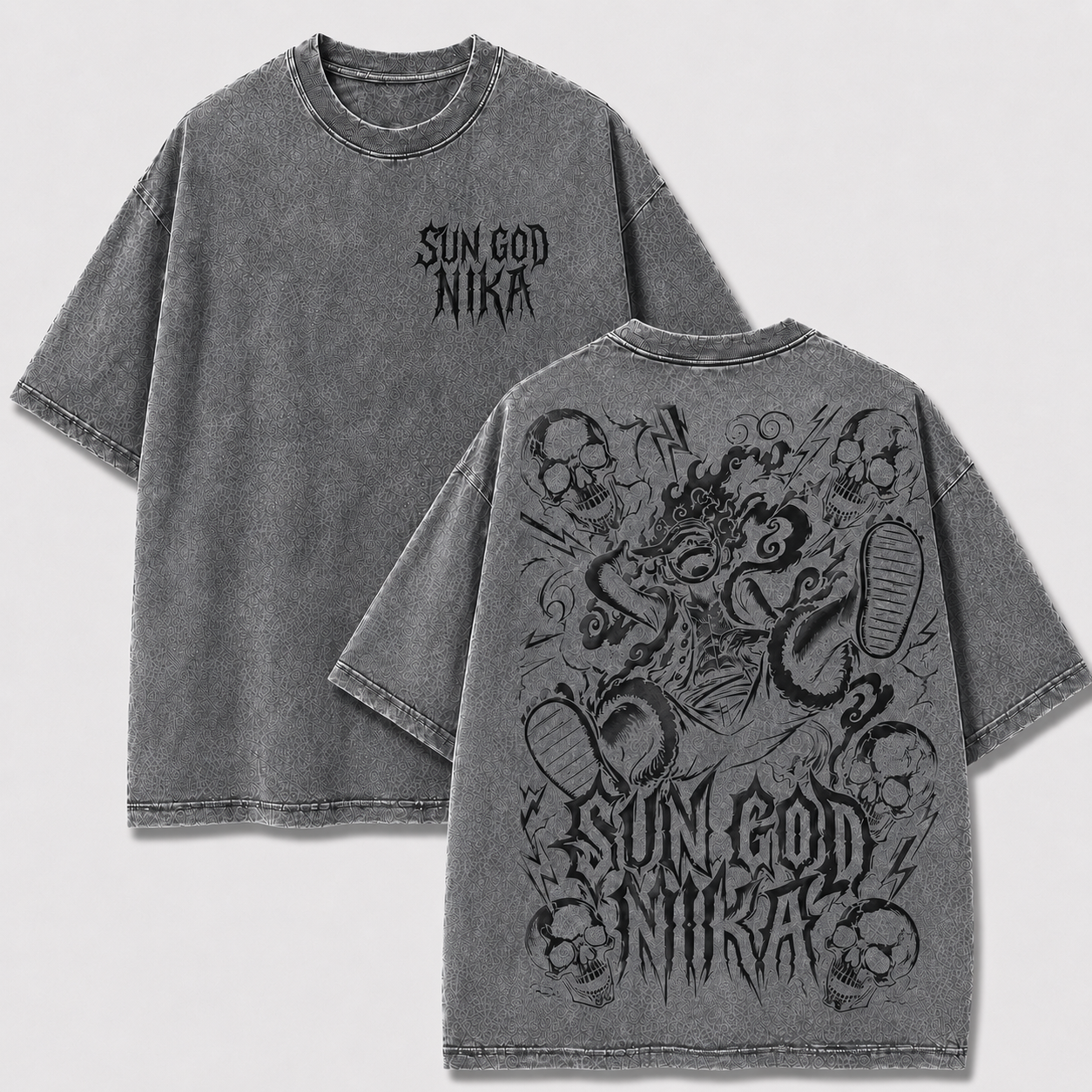 Oversized Streetwear Graphic Tee – Multi-Skull Lightning Frame Print