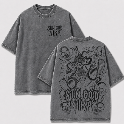 Oversized Streetwear Graphic Tee – Multi-Skull Lightning Frame Print