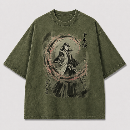 Oversized Cherry Blossom Samurai Ink Graphic Tee – Japanese Ink Wash Streetwear Shirt