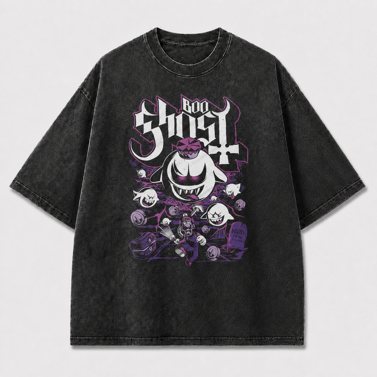 And Playful Ghost Character Collage with Coins Oversized Graphic Tee