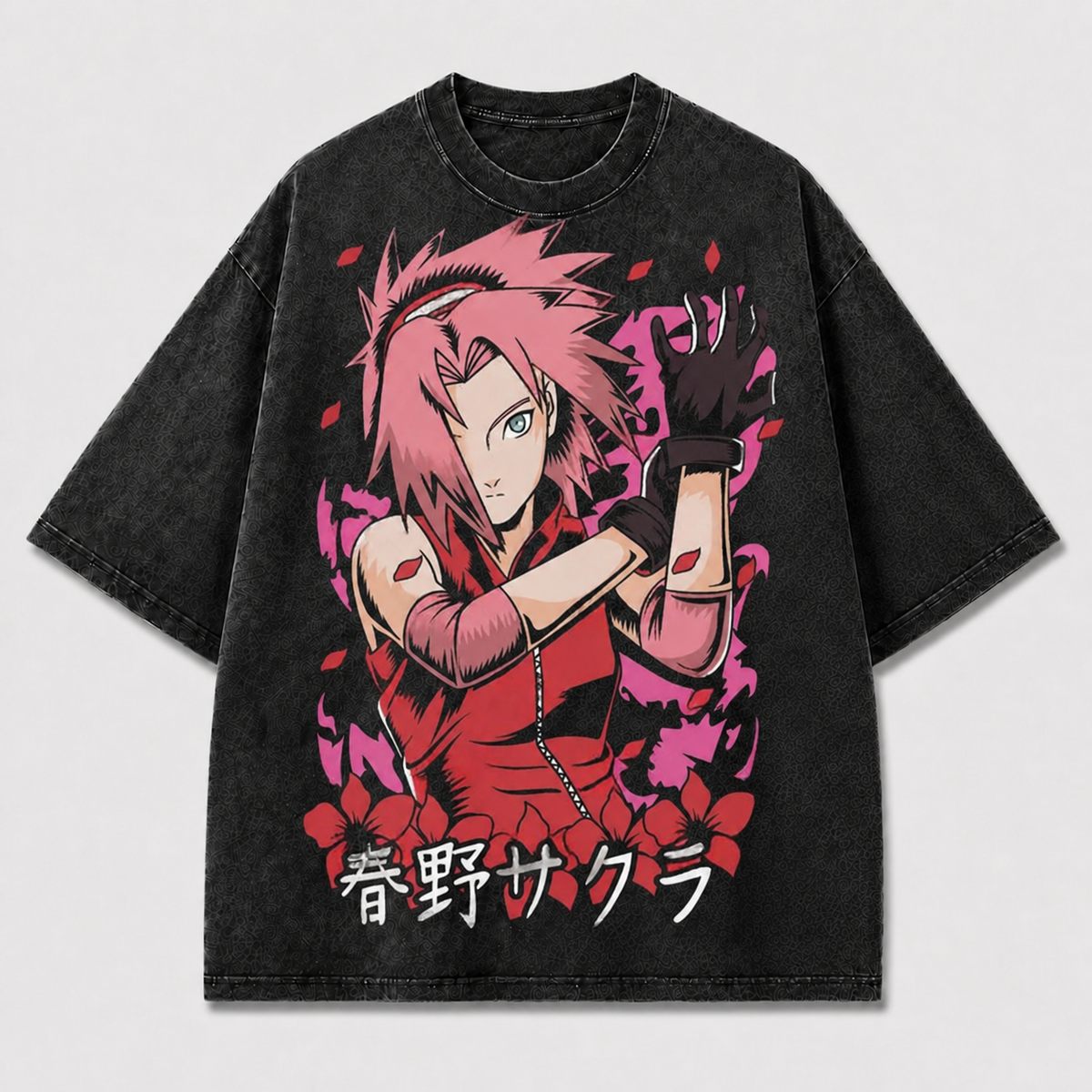 Pink-haired Female Fighter Portrait with Floral Oversized Graphic Tee