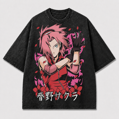 Pink-haired Female Fighter Portrait with Floral Oversized Graphic Tee