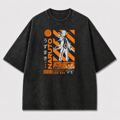 And Mystical Ninja Figure with Geometric Stripes Oversized Graphic Tee