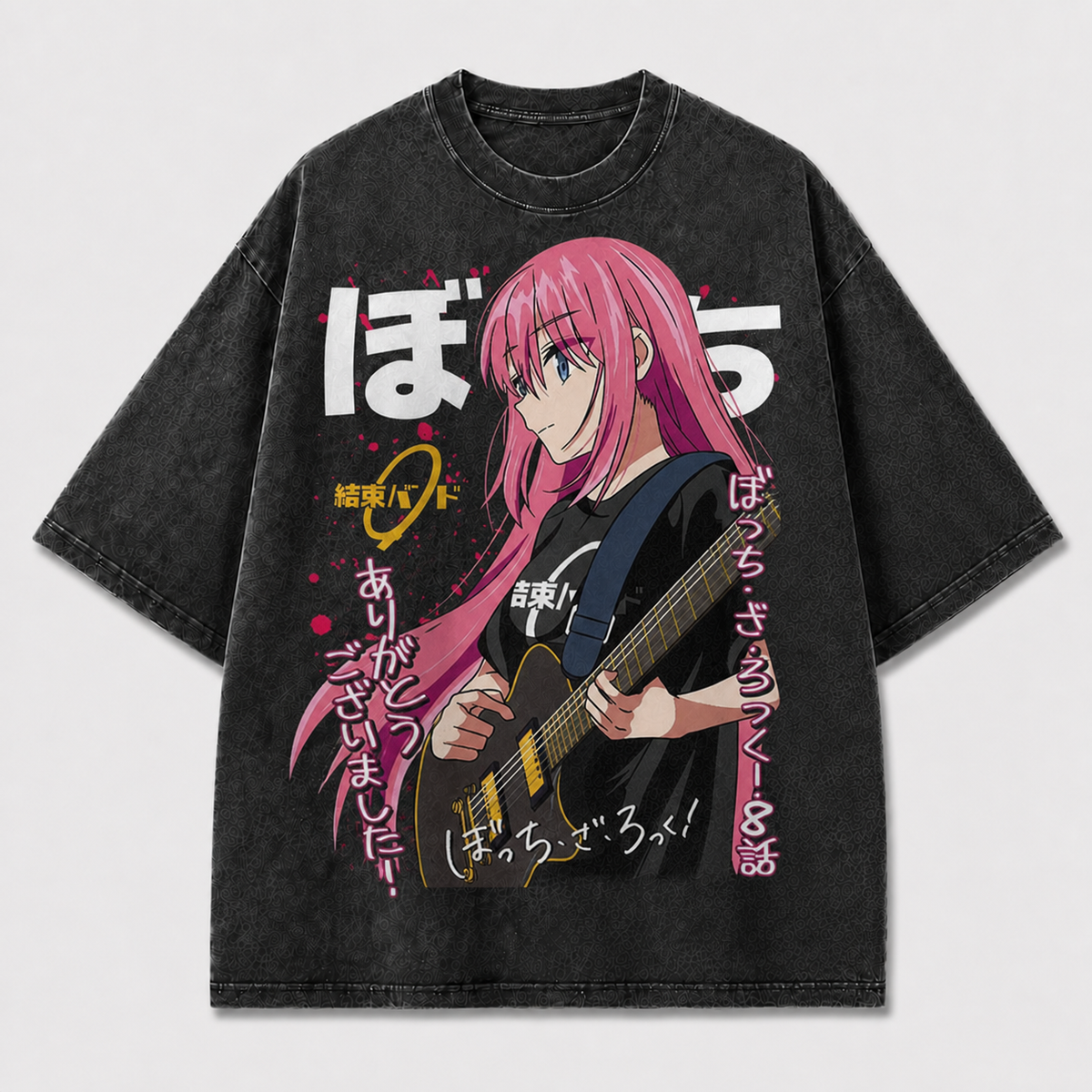 Pink-haired Guitarist Portrait with Energetic Oversized Graphic Tee