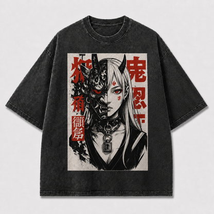 And Split Portrait of a Horned Woman Oversized Graphic Tee