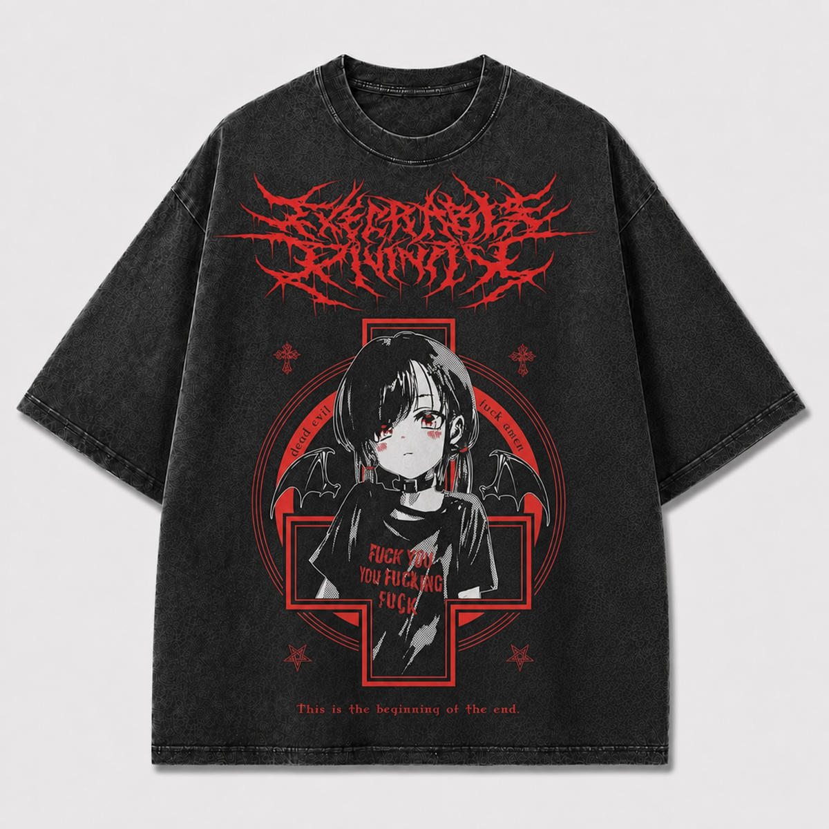 Gothic and Portrait of a Winged Dark-haired Oversized Graphic Tee