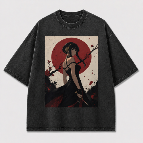 Elegant Red Moon Swordswoman Tee