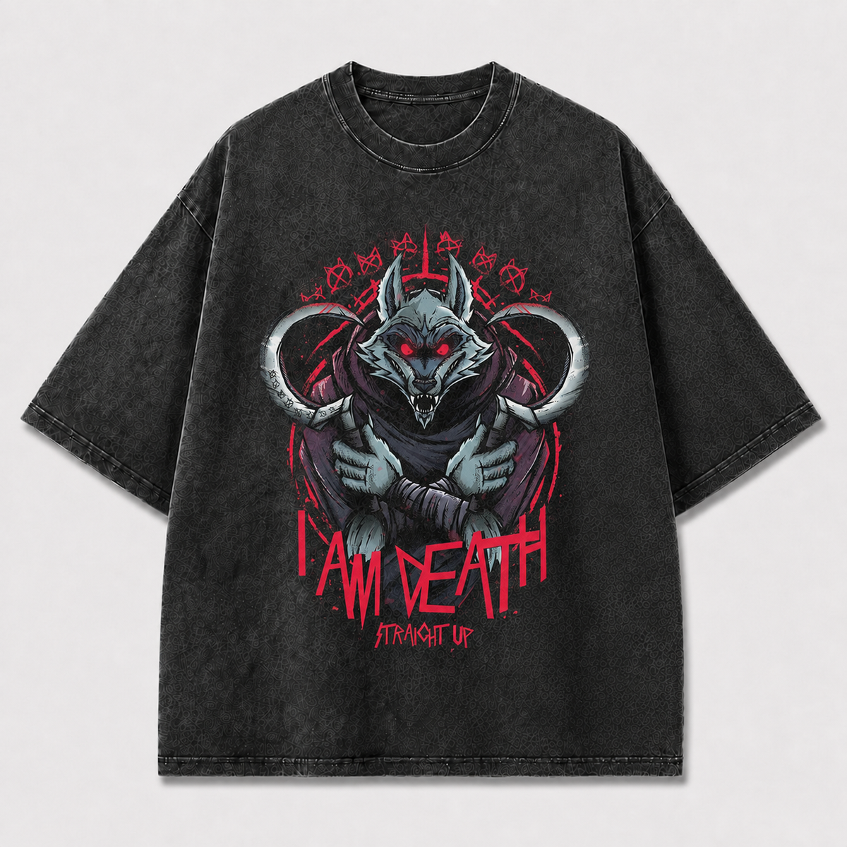 Menacing Armored Wolf with Glowing Eyes Framed Oversized Graphic Tee
