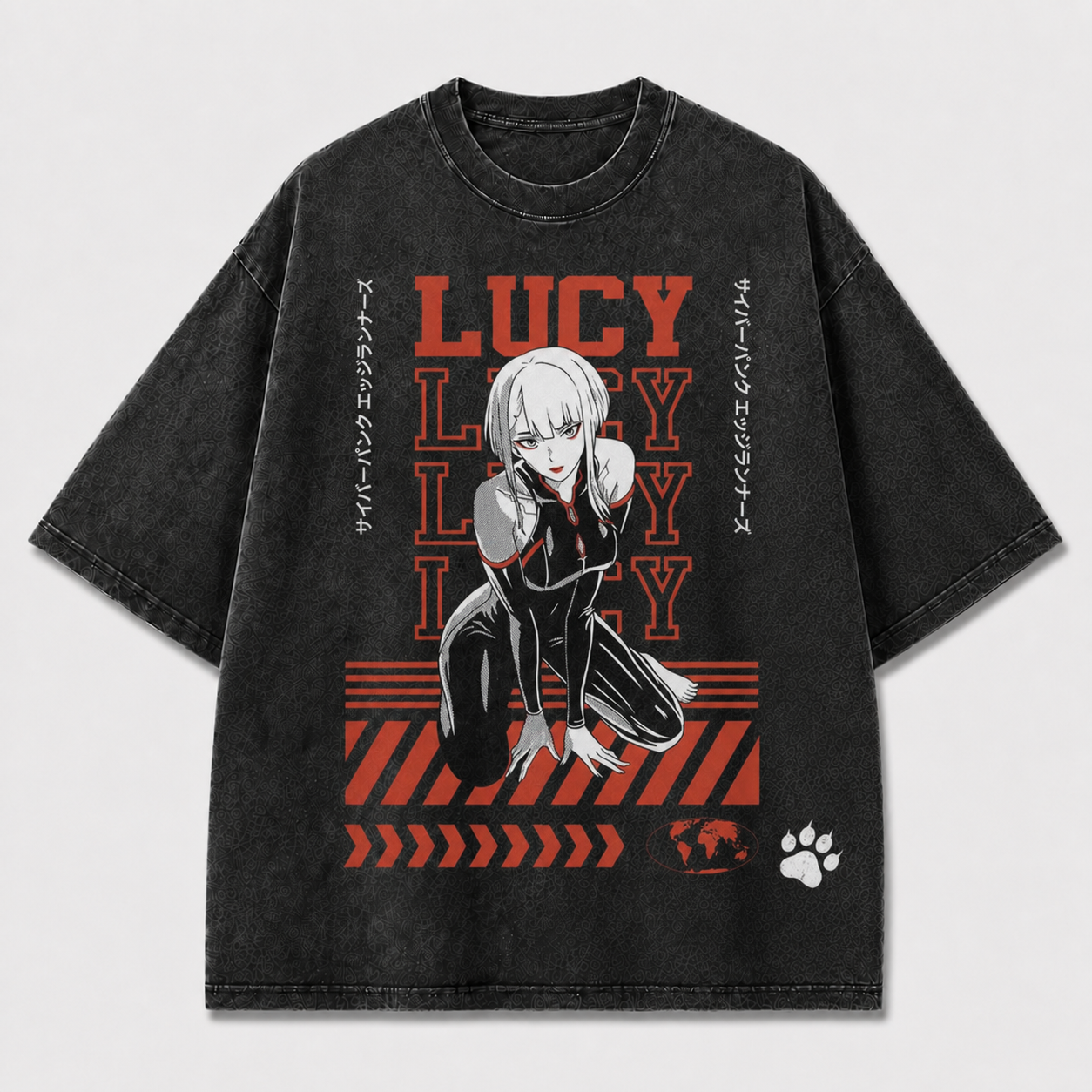 And Crouching Cybernetic Woman with Repeating Oversized Graphic Tee