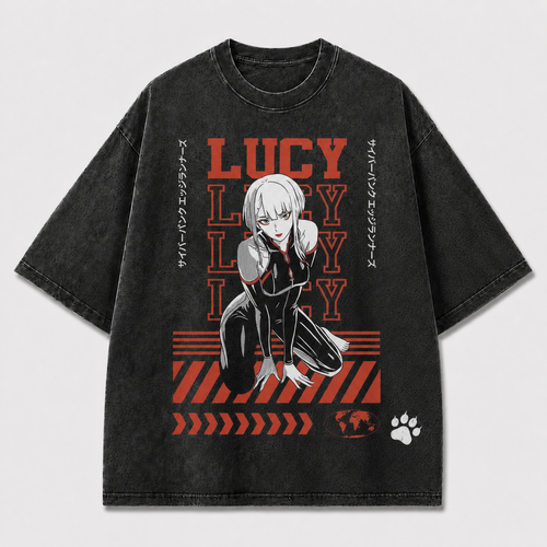 And Crouching Cybernetic Woman with Repeating Oversized Graphic Tee