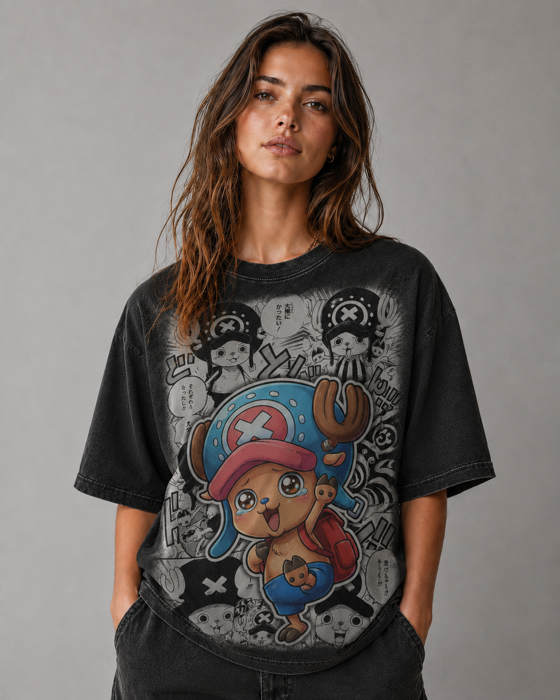 Oversized Streetwear Graphic Tee – Manga Panel Mascot Sticker Print
