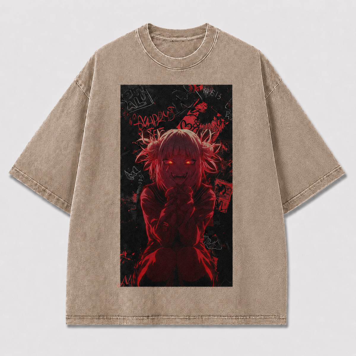 Oversized Dark Horror Graphic Tee – Crimson Grunge Print Top
