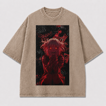 Oversized Dark Horror Graphic Tee – Crimson Grunge Print Top