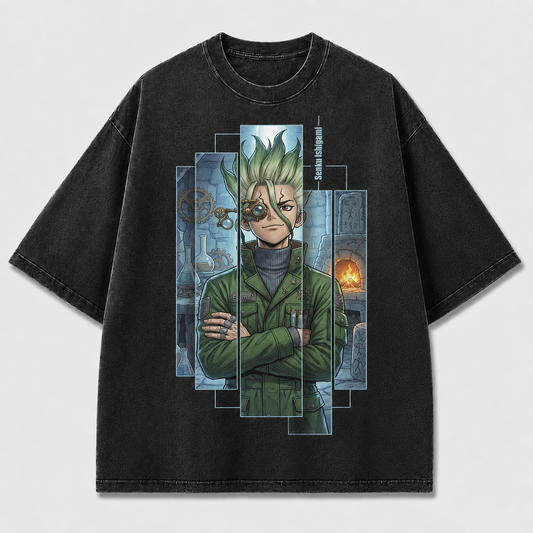 Oversized Inventor Portrait Graphic Tee – Window Panel Print Top