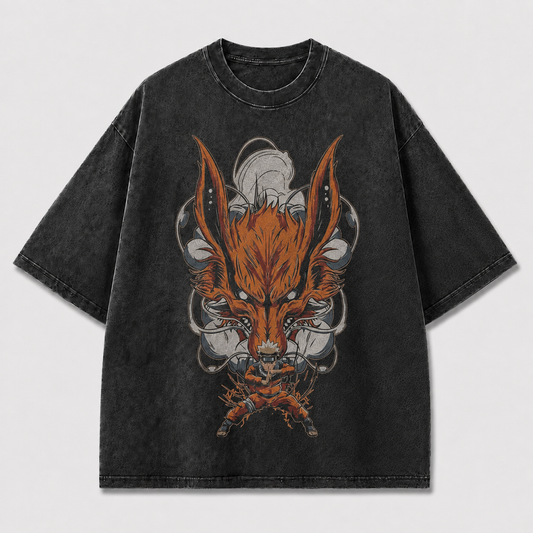Oversized Streetwear Graphic Tee – Nine-Tailed Fox Beast Print