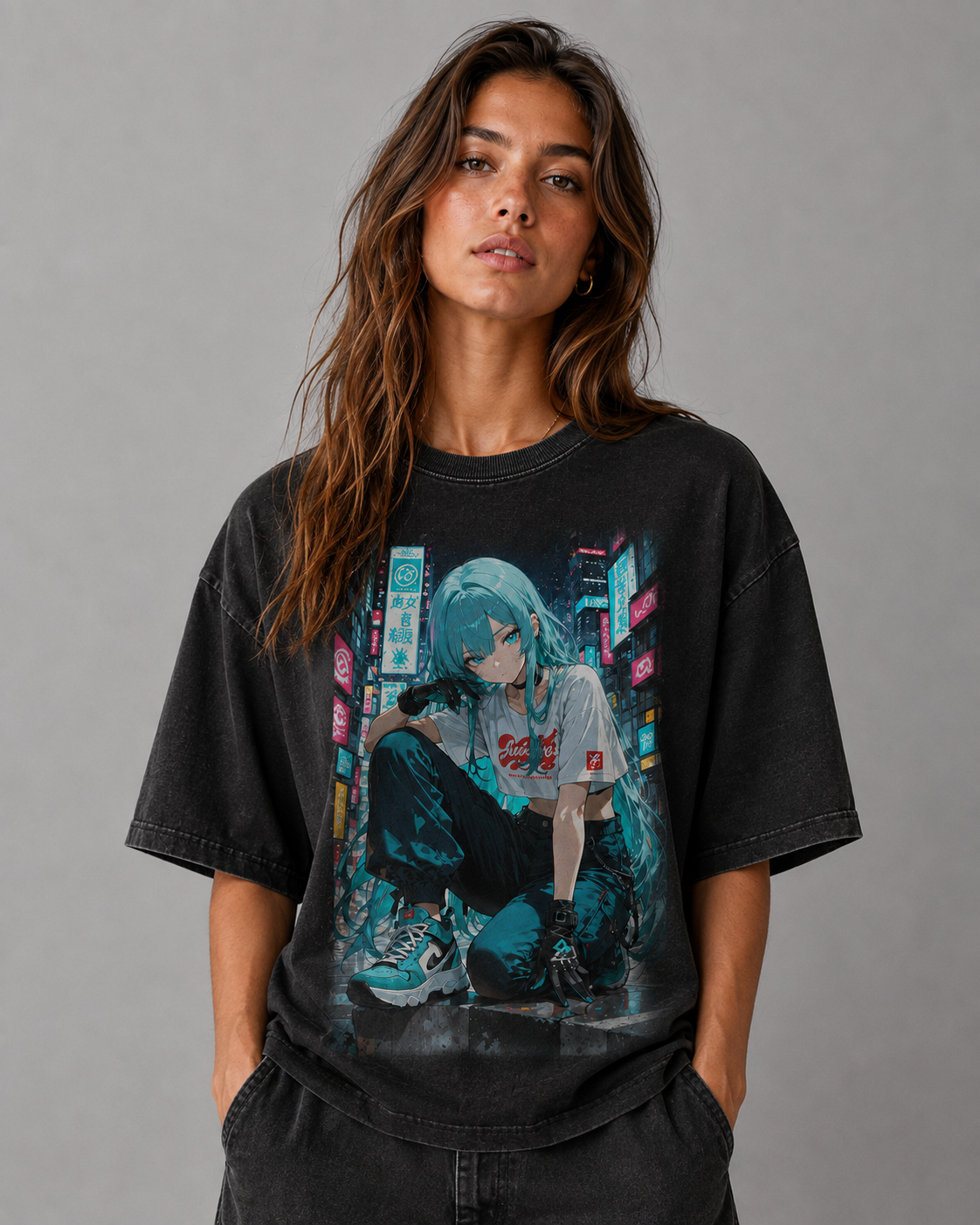 Oversized Graphic Print T-Shirt – Neon City Waifu Streetwear Tee