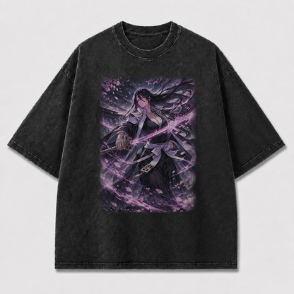 Oversized Violet Blade Swordswoman Graphic Tee – Dark Fantasy Streetwear Shirt