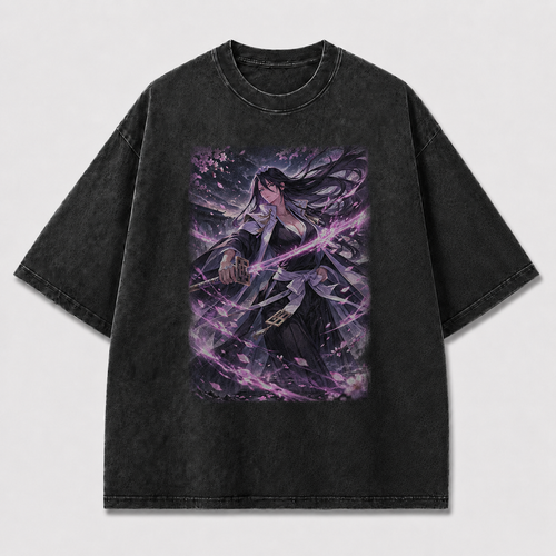 Oversized Violet Blade Swordswoman Graphic Tee – Dark Fantasy Streetwear Shirt