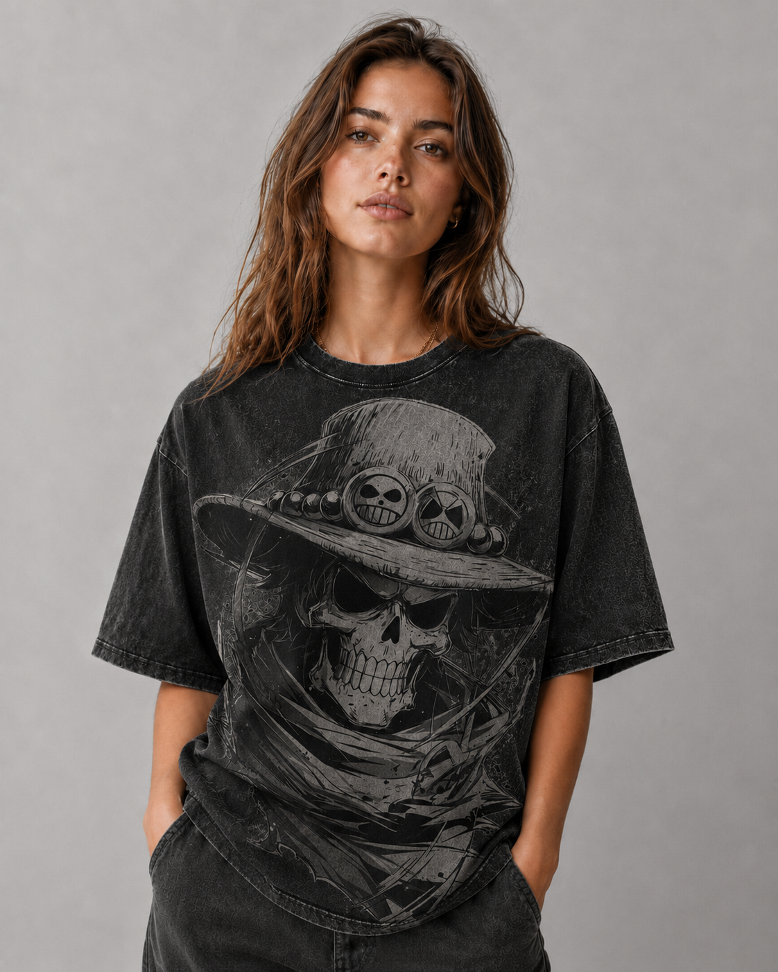 Oversized Streetwear Graphic Tee – Skull Hat Front Print